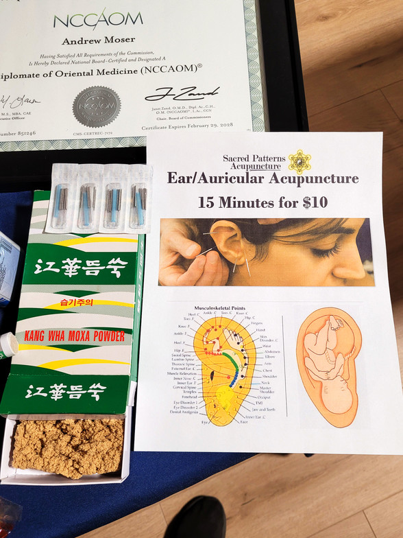 Sacred Patterns Acupuncture Table Display - Resonant Essentials Psychic Healing Fair - July 2024 - Albuquerque, NM