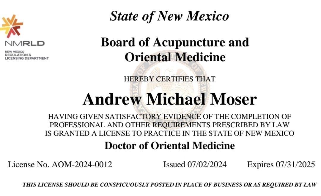 New Mexico - Doctor of Oriental Medicine (DOM) - Sacred Patterns Acupuncture - Dr. Andrew Moser, DOM, MBA