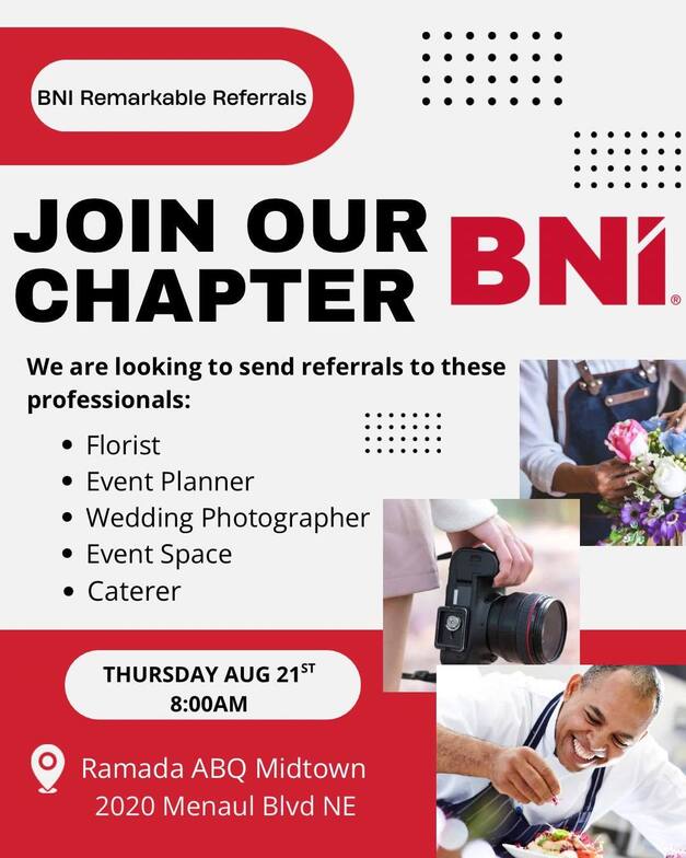 BNI, Remarkable Referrals, Albuquerque, NM, Stack Day, Wedding Event Industry, Sacred Patterns Acupuncture, Dr. Andrew Moser, DOM, MBA, Thursday, August 21, 2025